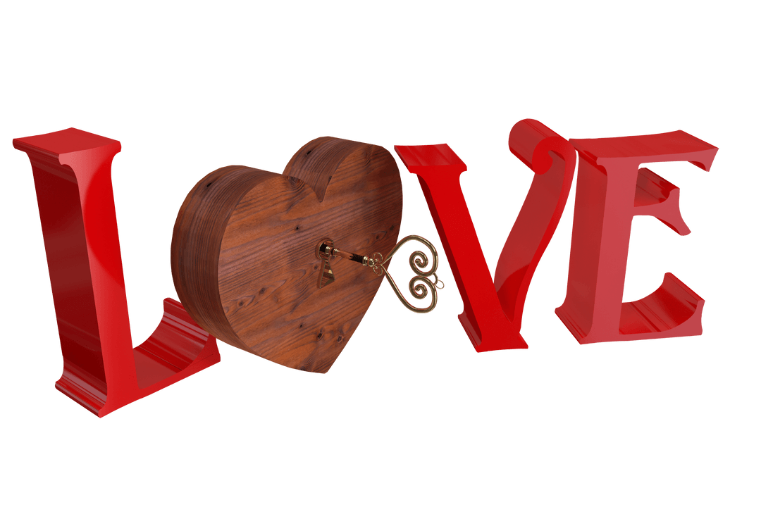 Transparent Love Text with Wooden Heart and Key Design