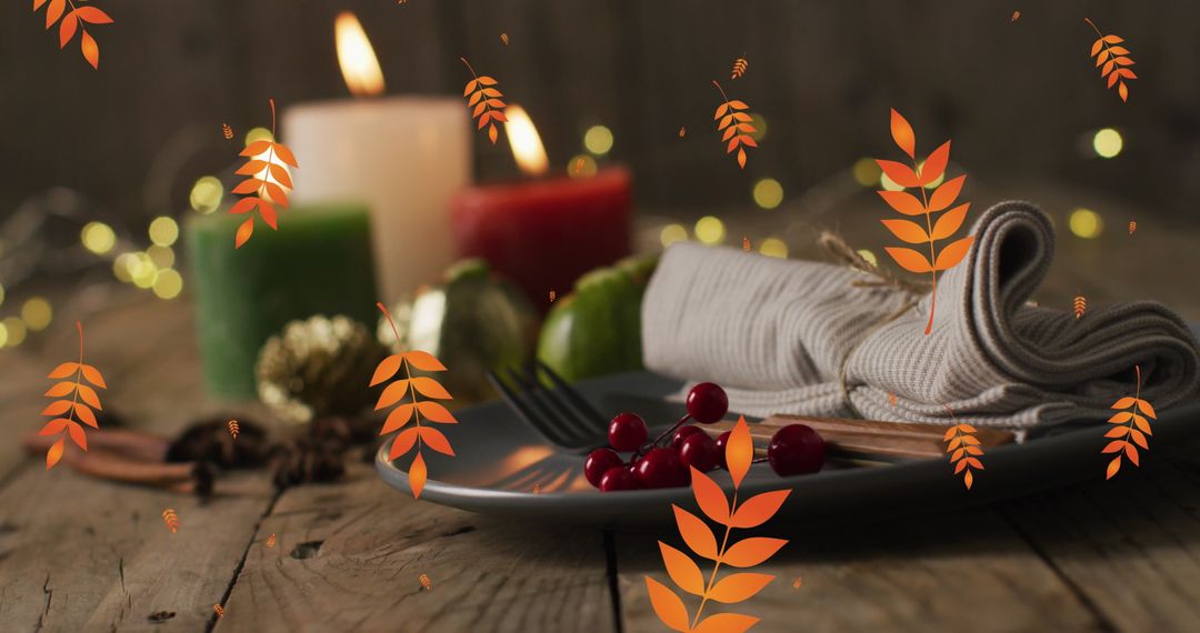 Thanksgiving Dinner Setting with Autumn Leaves Overlay