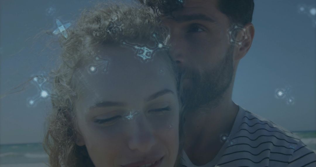 Embracing Couple with Constellation Overlay at Seaside