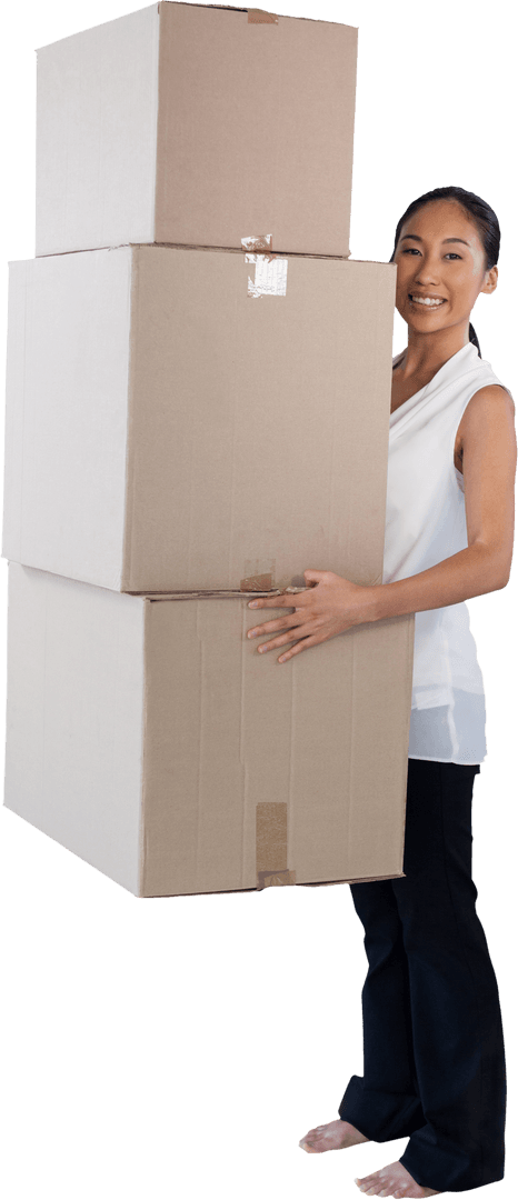 Transparent Background Showing Woman Carrying Boxes with Smile