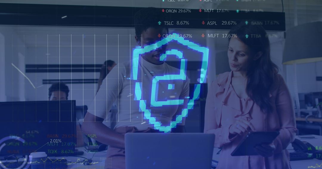 Smart Business Team Analyzing Cybersecurity Data with Digital Overlay