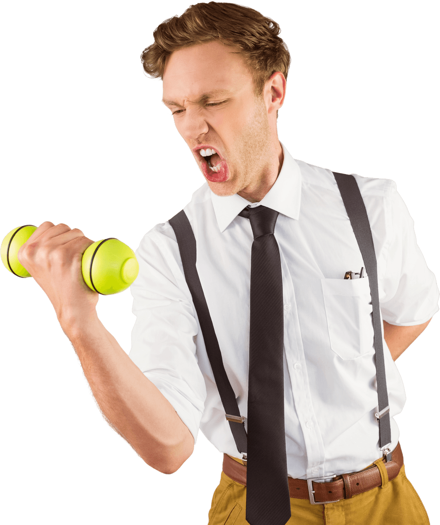 Transparent Enthusiastic Businessman Lifting Dumbbell in Office Attire
