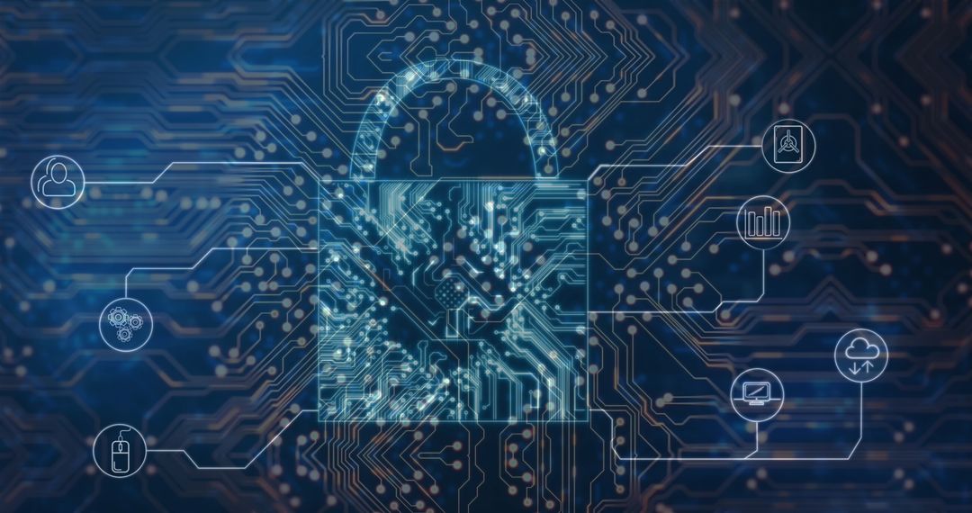 Cybersecurity Concept with Digital Padlock and Circuit Design