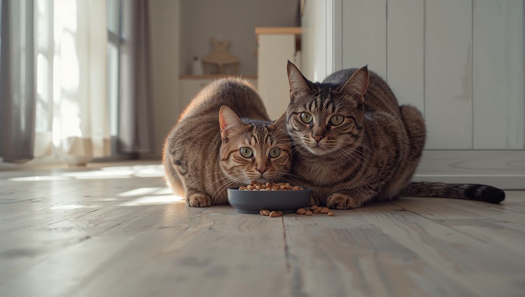 Crouching tabby cats nibbling kibble on sunlit wide wooden floor in cozy living room