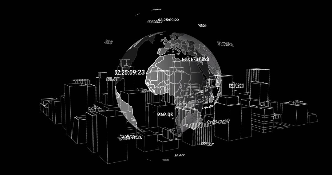 Digital Global Interface over Futuristic Wireframe Metropolis