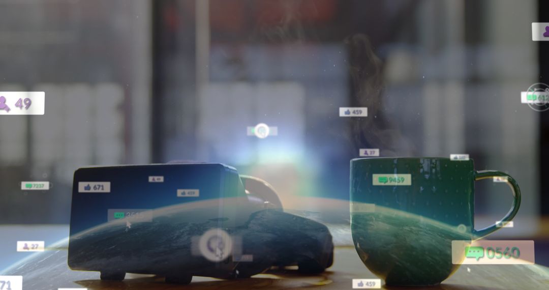 Social Media Engagement over VR Headset and Coffee Displayed in Digital Overlay