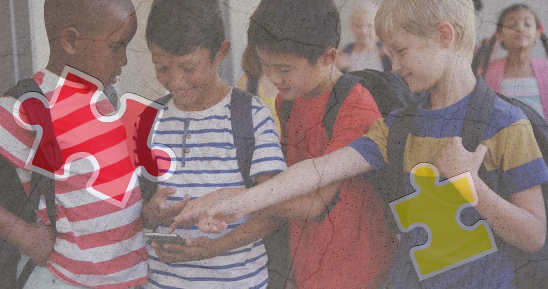 Diverse Boys Collaborate on Smartphone Highlighting Autism Awareness