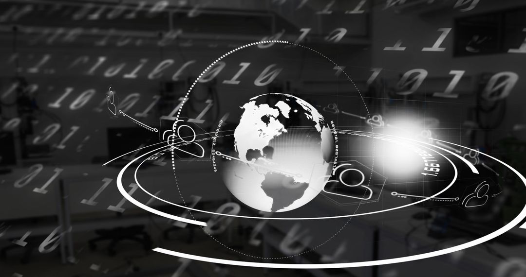 Futuristic Globe Surrounded by Binary Code in Office Environment