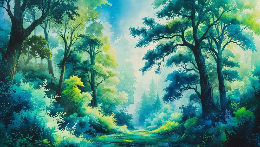 Sunlight Illuminating Mystical Forest Pathway with Vibrant Foliage