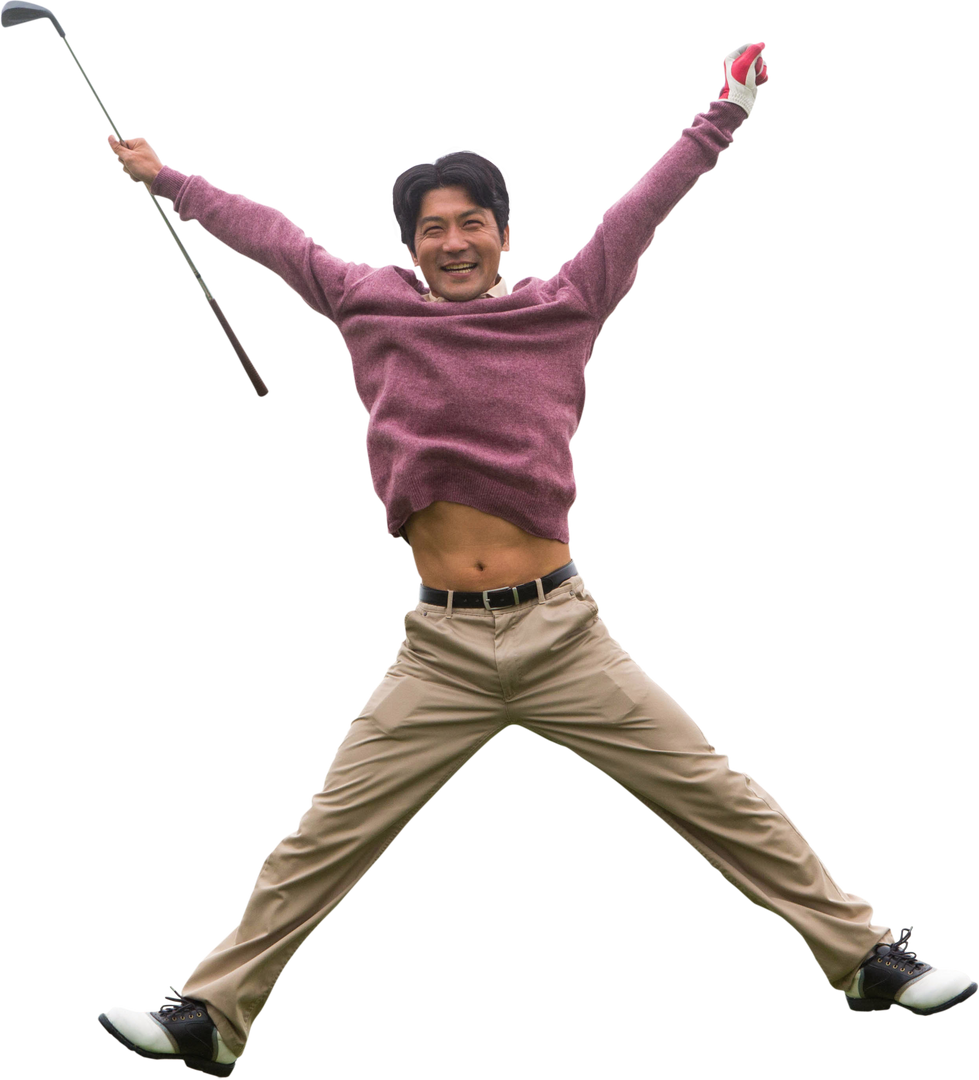 Happy Asian Male Golf Player Jumping with Club on Transparent Background - Download Free Stock Images Pikwizard.com