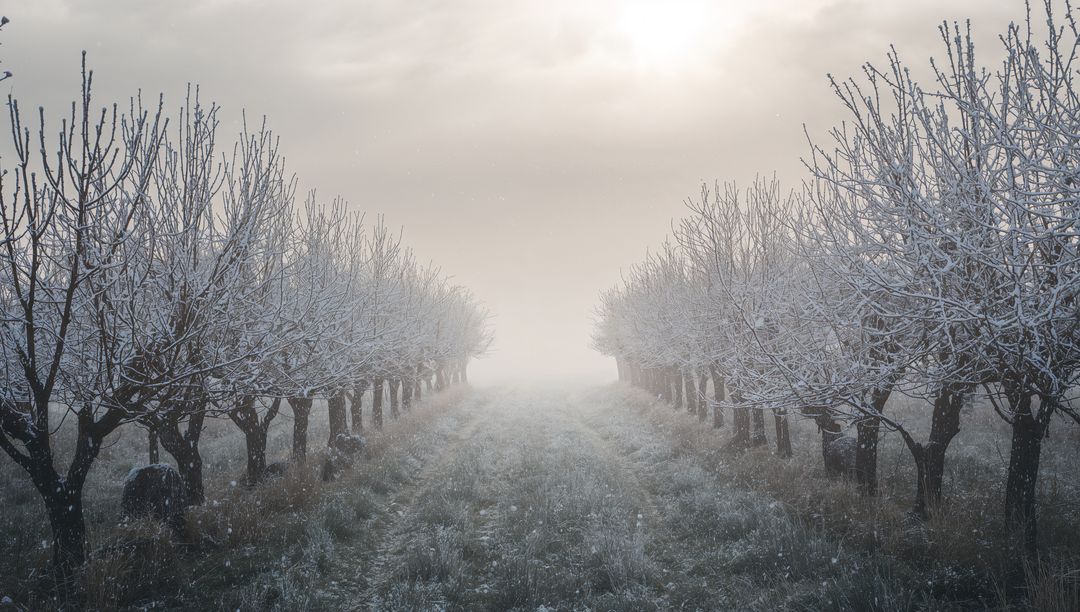 Frosty orchard avenue disappearing into mist with symmetrical snow-laden trees