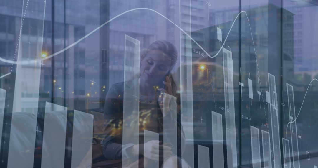 Businesswoman with Overlaid Financial Data Using Smartphone