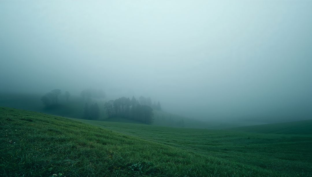 Misty Grass-Covered Hillside at Dawn
