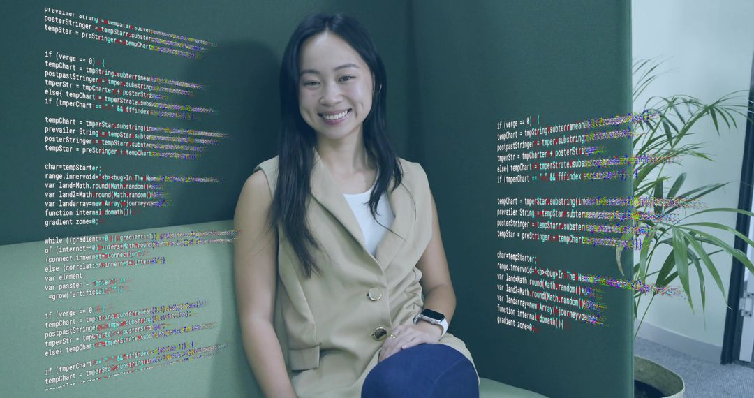 Asian Woman in Modern Office Space Surrounded by Augmented Code