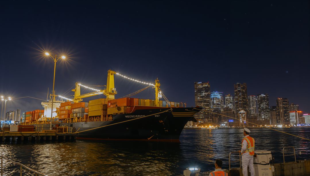 Nighttime Container Ship Berthing at Urban Port with Illuminated Cranes and City Skyline Reflections
