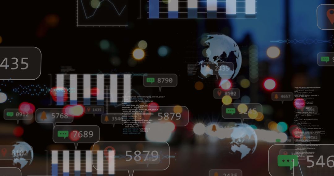 Digital Networking Icons Overlay on Night Urban Backdrop