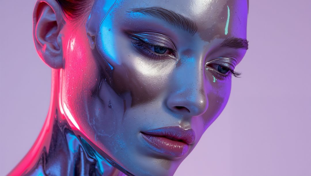 Neon Chrome Portrait: Metallic Female Face Reflecting Cyan and Magenta Glossy Paint