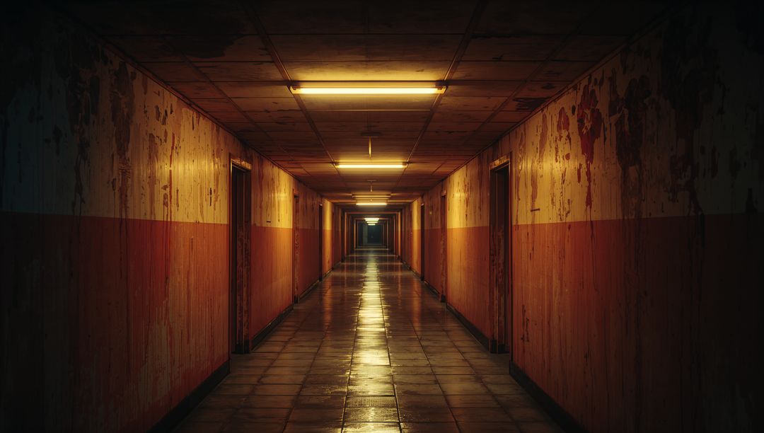 Dystopian Underground Corridor with Peeling Walls and Fluorescent Lighting