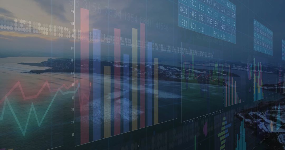 Merging Financial Dataviz with Serene Coastal Dawn Imagery