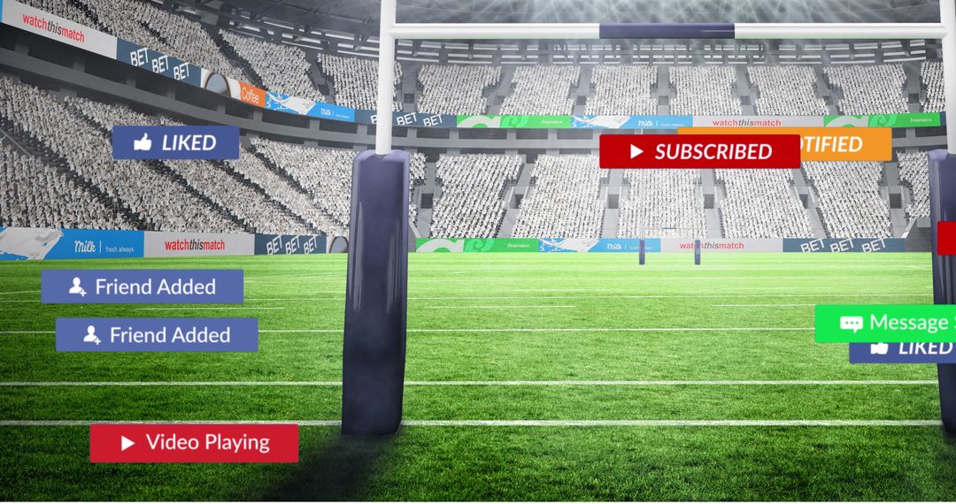 Social Media Elements Overlayed on Rugby Stadium Field