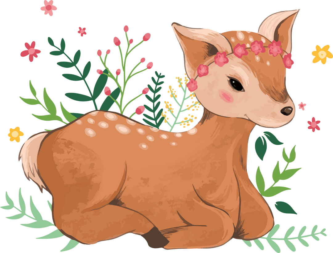 Whimsical Fawn with Pink Garland on Transparent Background
