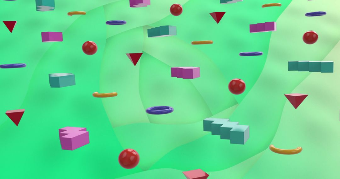 Colorful Geometric Shapes on Green Patterned Background