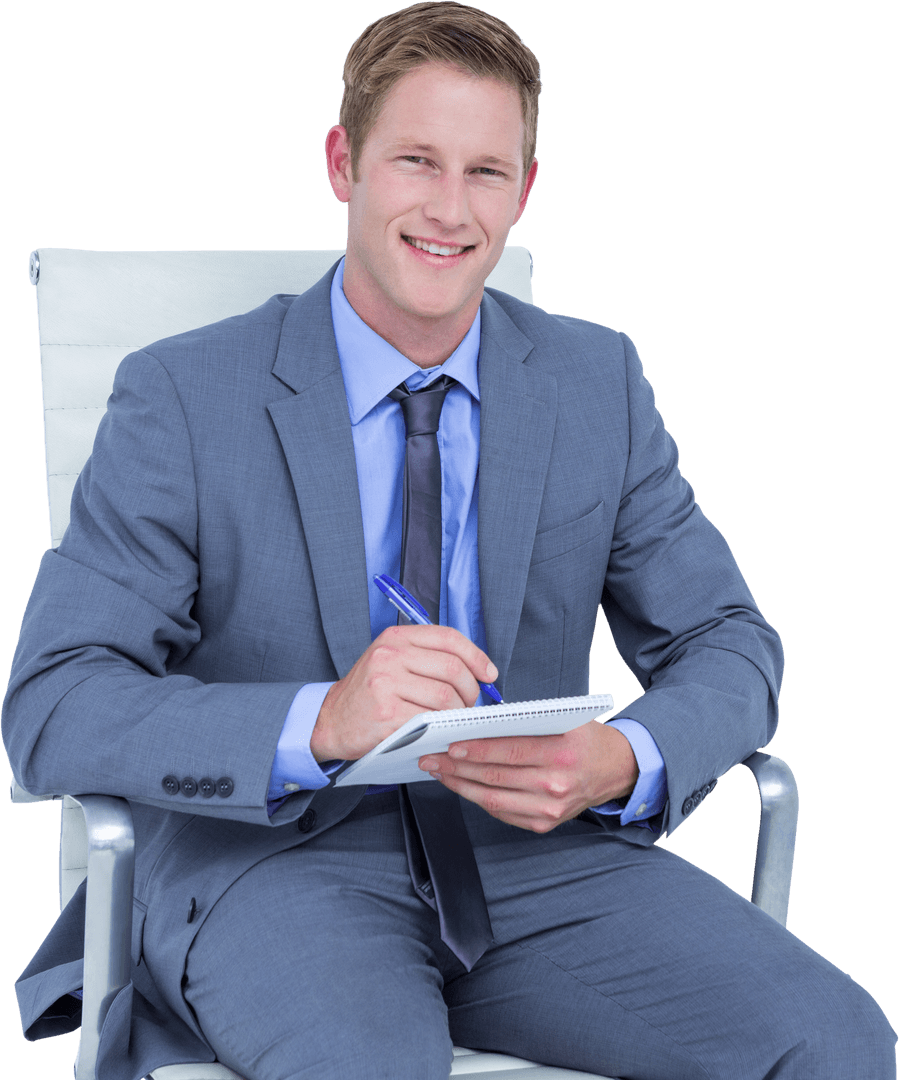 Confident Businessman Writing on Notepad with Transparent Background
