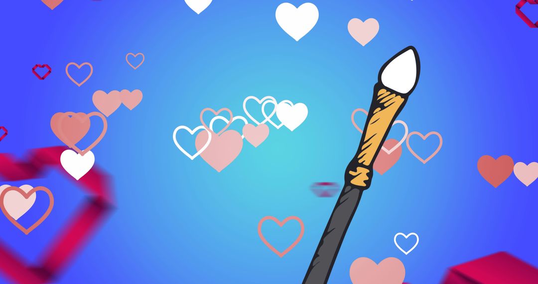 Conceptual Makeup Brush with Floating Hearts on Blue