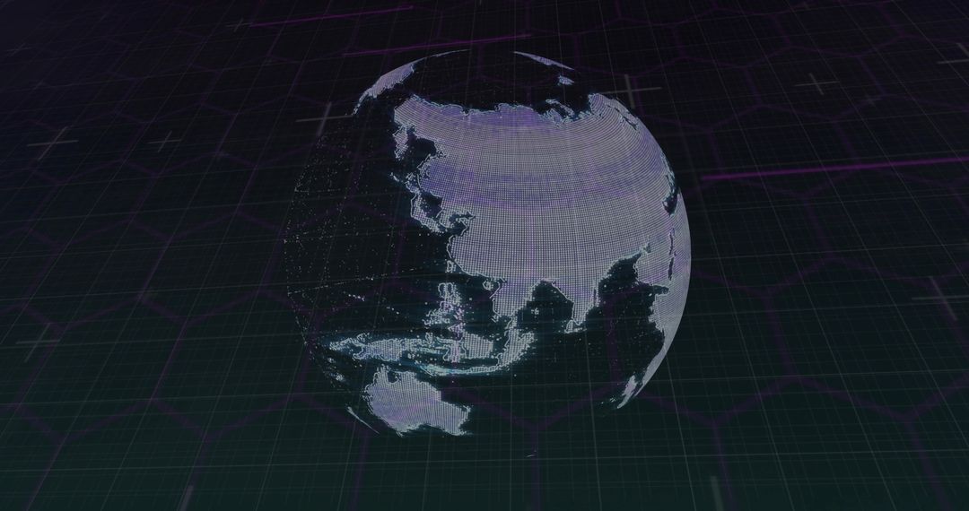 Floating Holographic Wireframe Globe Showing Asia with Neon Grid Hex Overlay and Magenta Scanlines