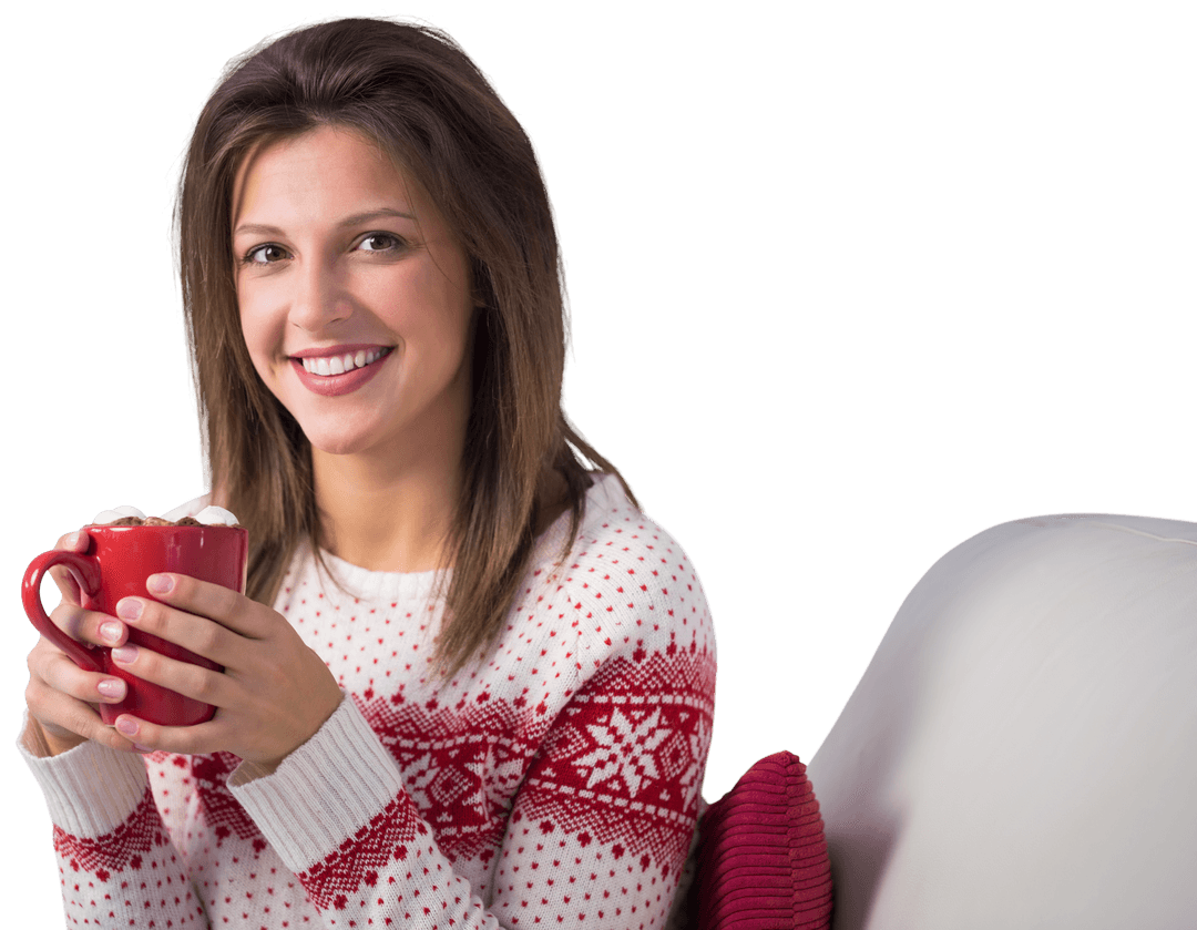 Woman Holding Red Mug and Smiling on Comfortable Sofa Transparent Background