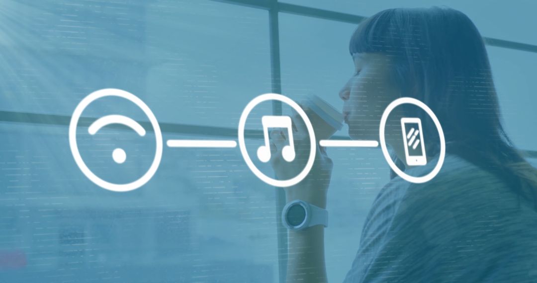 Woman Enjoying Coffee with Technology Media Icons Concept