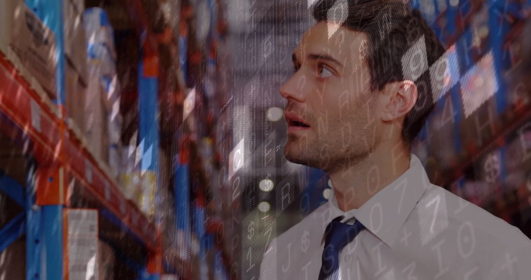 Warehouse Worker with Digital Data Overlay Highlighting Logistics Technology