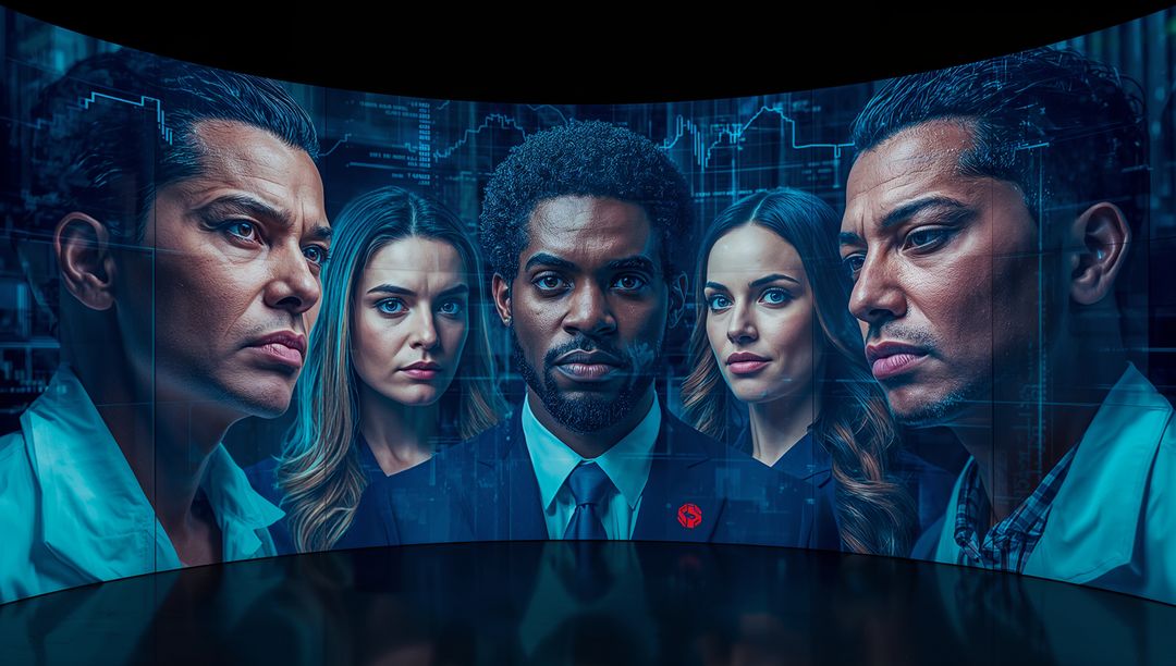 Corporate Team Analyzing Data on Curved LED Display