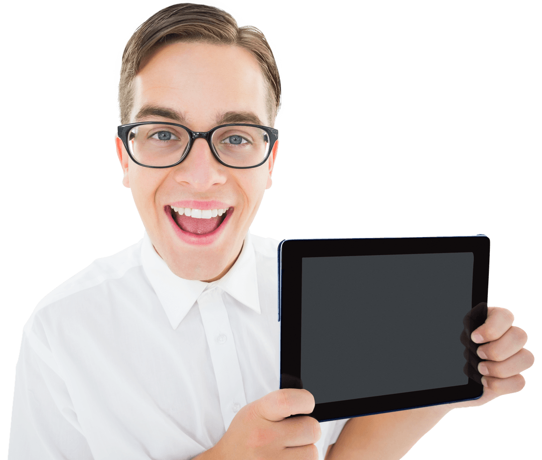 Happy Geeky Businessman Holding Tablet on Transparent Background
