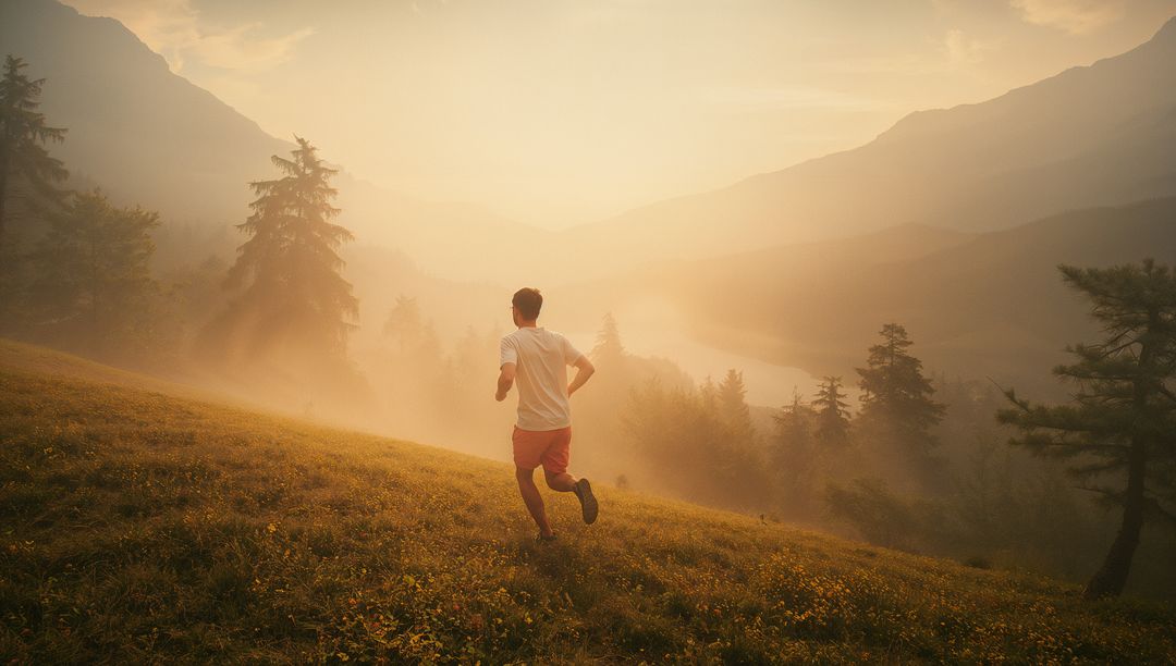 Man Running Across Misty Meadow at Sunrise, Capturing Nature's Essence