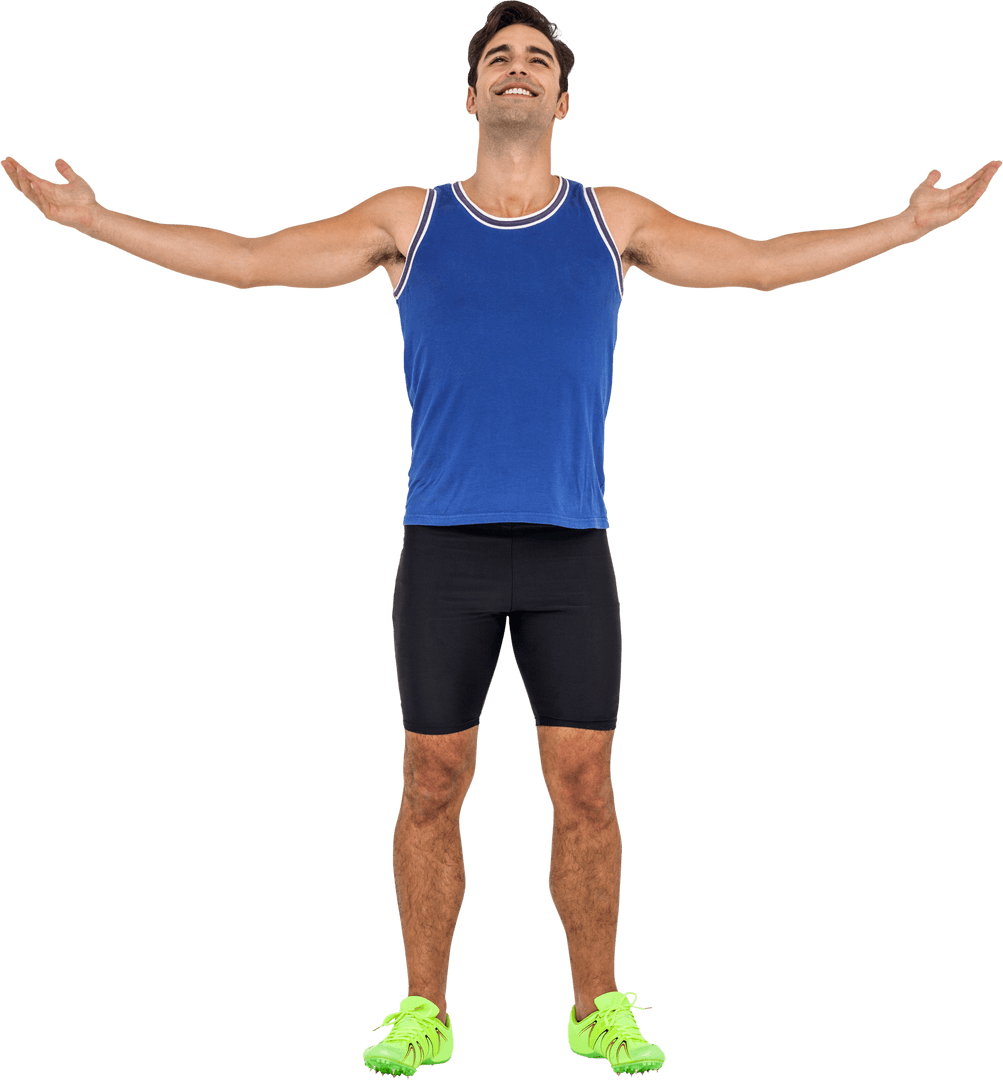 Joyful Athlete Man Standing with Open Arms on Transparent Background