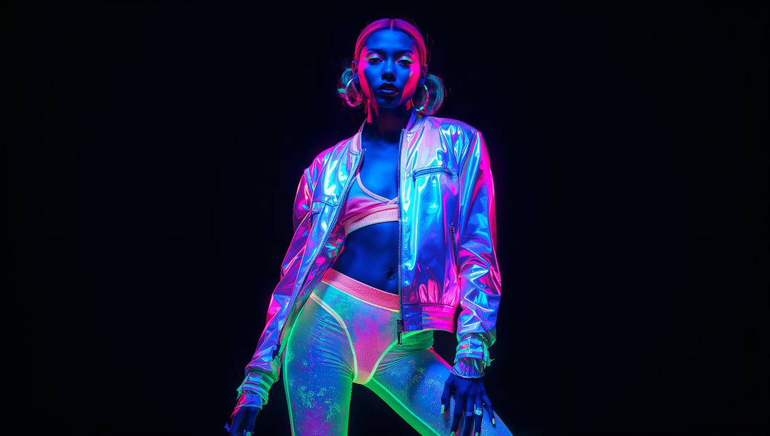 Model Posing in Futuristic Neon Sportswear with Metallic Jacket