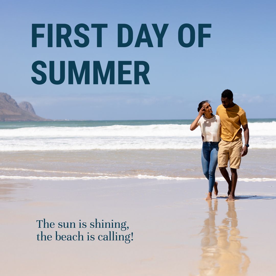 Diverse Couple Walking on Sunny Beach First Day of Summer
