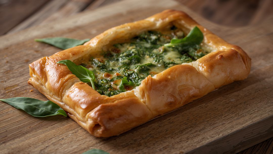 Rustic spinach and melted cheese puff pastry tart resting on wooden board with golden glossy edges