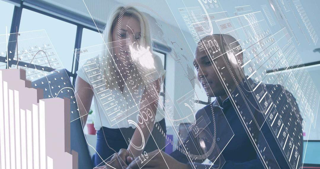 Professionals collaborating and analyzing digital analytics dashboards with AR HUD overlays