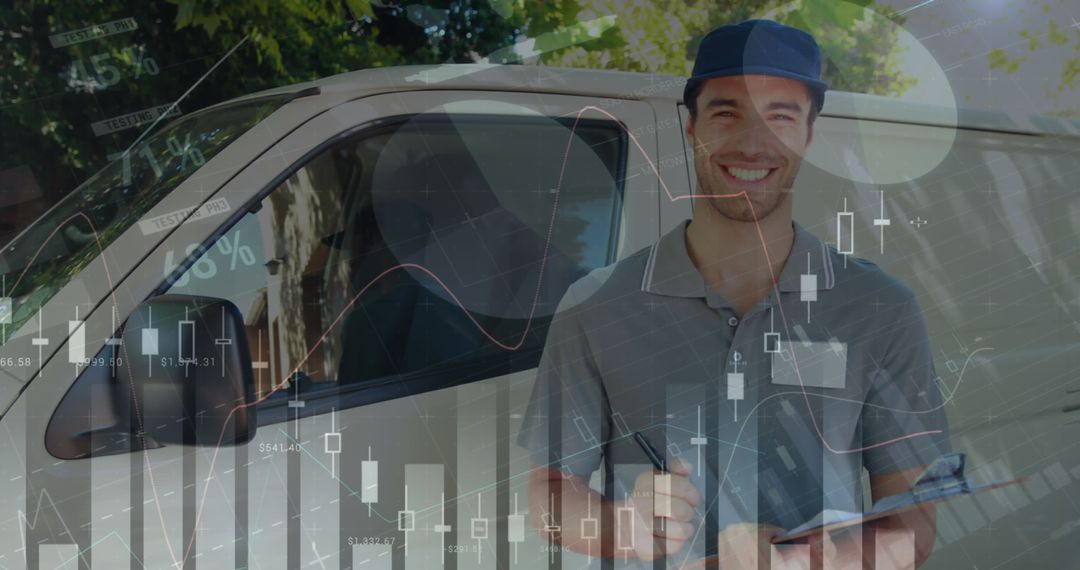 Delivery Man with Data Overlay, Technology Concept