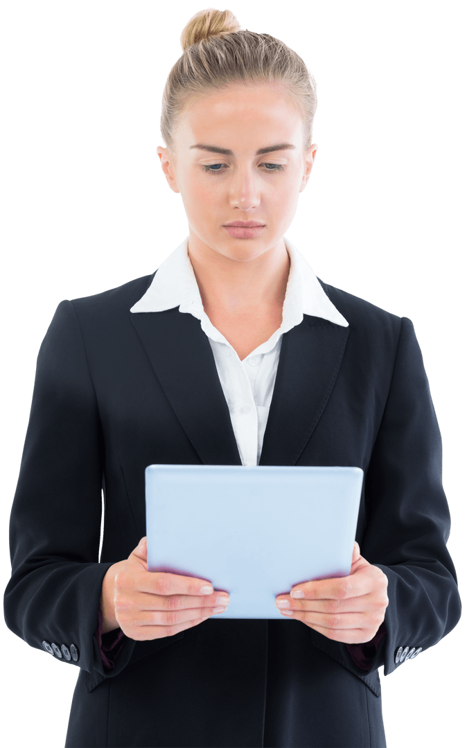 Transparent Businesswoman Using Tablet for Virtual Communication
