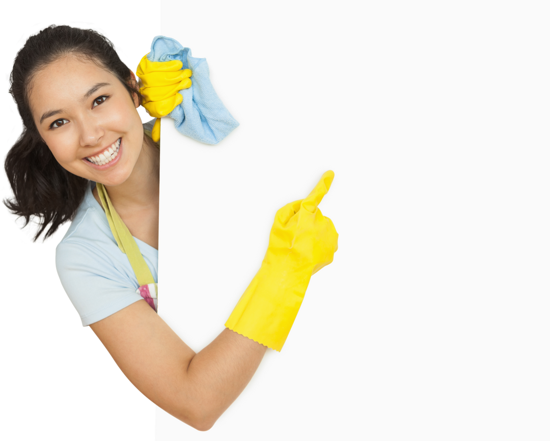 Woman Cleaning and Pointing at Blank Transparent Space With Rubber Gloves - Download Free Stock Images Pikwizard.com