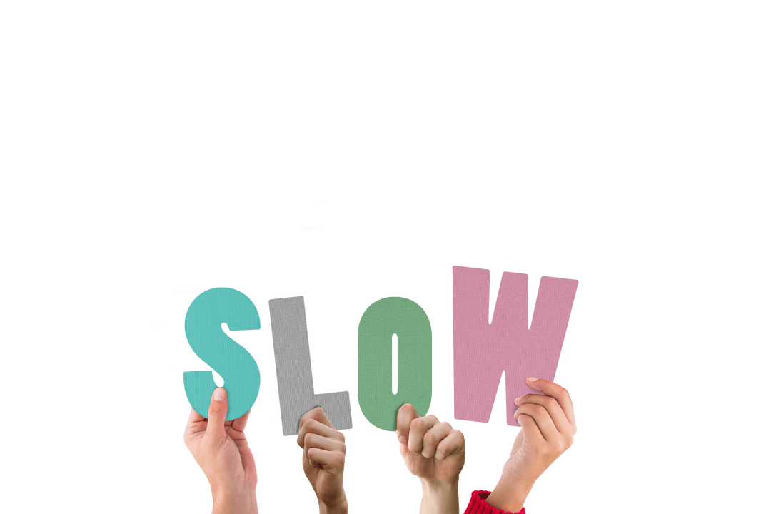 Hands Holding Slow Text with Transparent Background for Relaxation