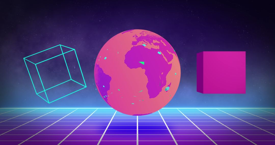 Vibrant Geometric Design with Globe and Cubes on Grid Background