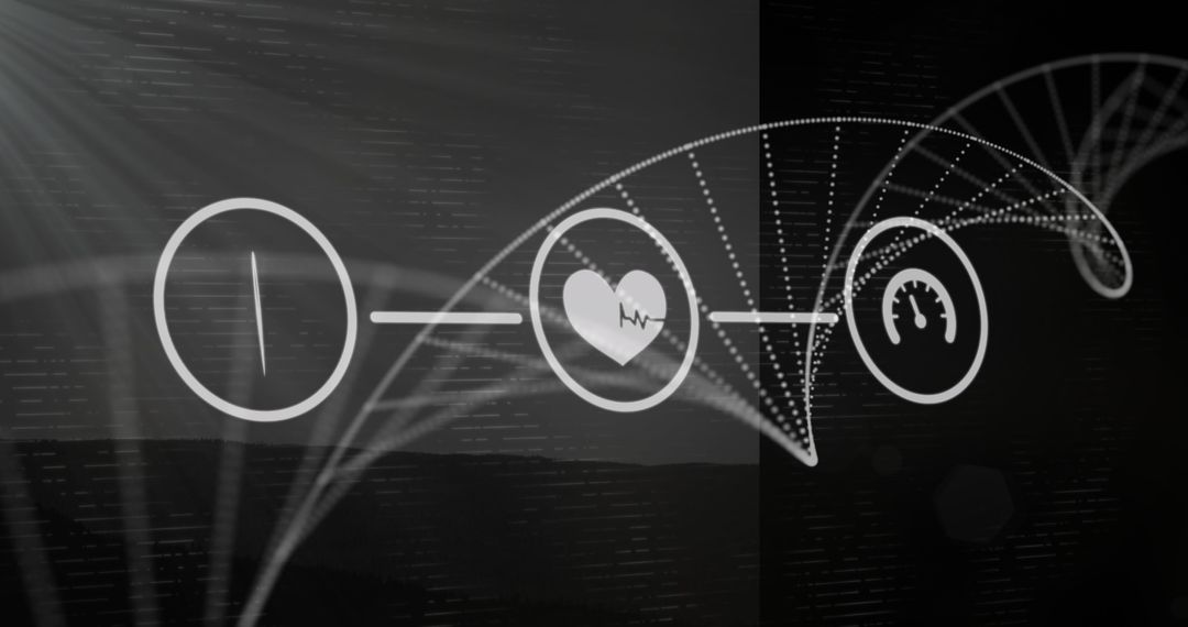 Abstract DNA Structure with Digital Heartbeat and Speed Icons