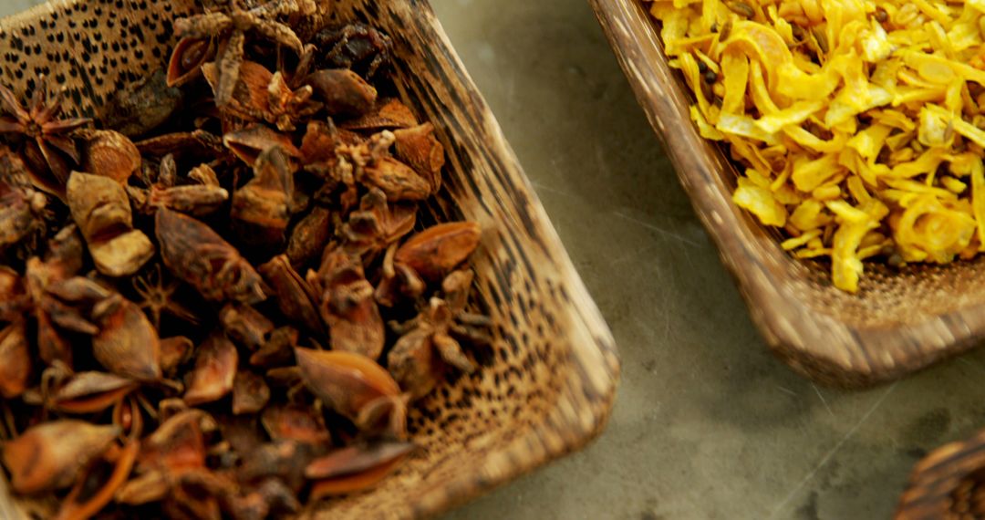 Close-up of Dried Herbs and Spices in Wooden Bowls - Free Images, Stock Photos and Pictures on Pikwizard.com