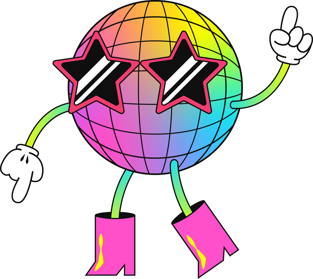 Vibrant Retro Disco Ball Character Dancing on Transparent Background