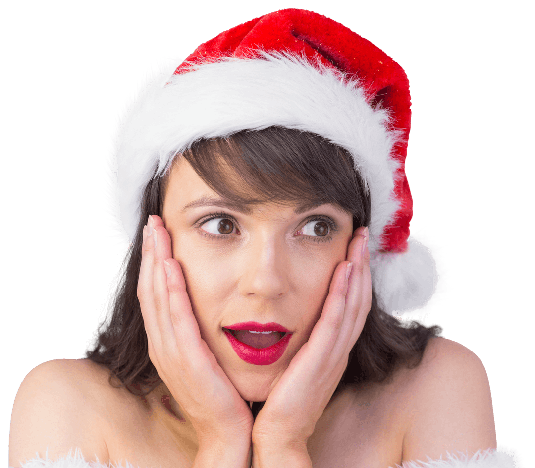 Surprised Woman in Santa Hat with Red Lipstick on Transparent Background