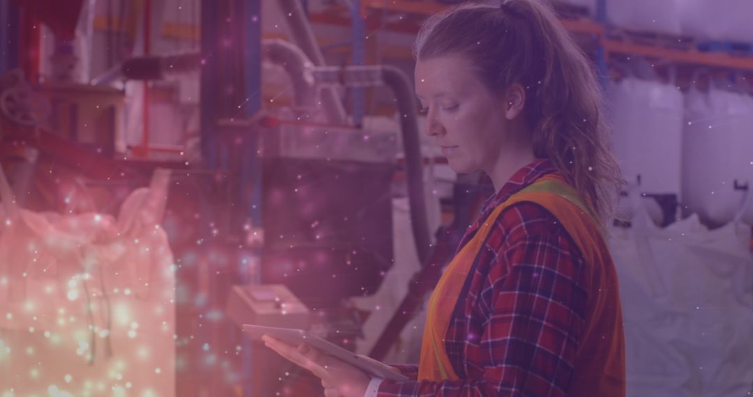 Caucasian Woman in Workshop with Ethereal Glowing Lights